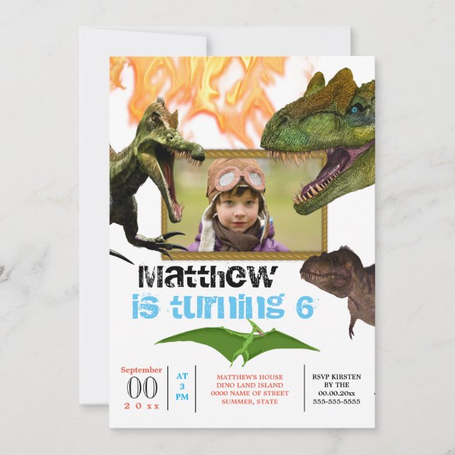 Dinosaur theme birthday party t-rex flames photo invitation (Front)