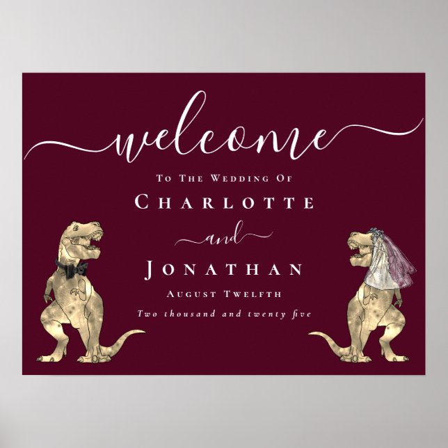 Dinosaur Theme Burgundy Wine Wedding Welcome Poster (Front)