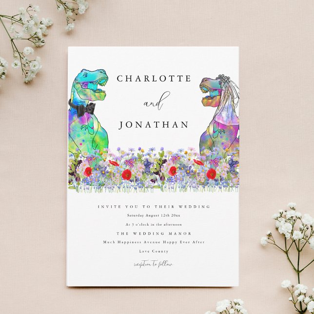 Dinosaur Theme Colourful Wildflower Invitation (Colorful wildflower dinosaur theme wedding invitation)
