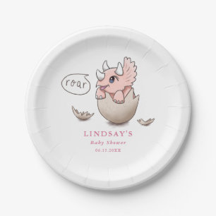 Dinosaur Theme Cute Pink Triceratops Baby Shower Paper Plate