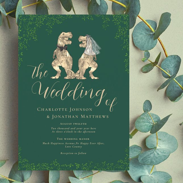 Dinosaur Theme Green Wedding Invitation (Dinosaur wedding green invitation T-Rex dino bride & groom modern elegant script eucalyptus foliage)