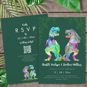 Dinosaur theme Green Wedding QR Code Invitation
