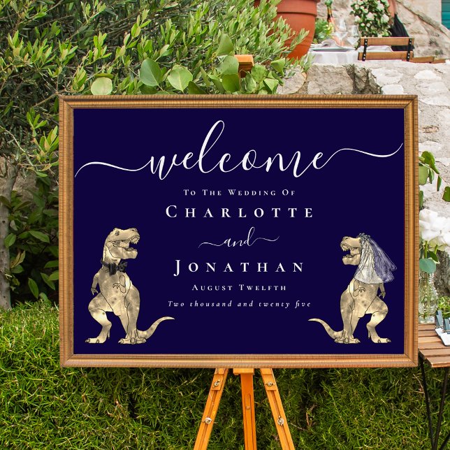 Dinosaur Theme Navy Blue Wedding Welcome Sign (Elegant Dinosaur navy blue wedding Welcome poster sign T-Rex bride and groom dino whimsical script)