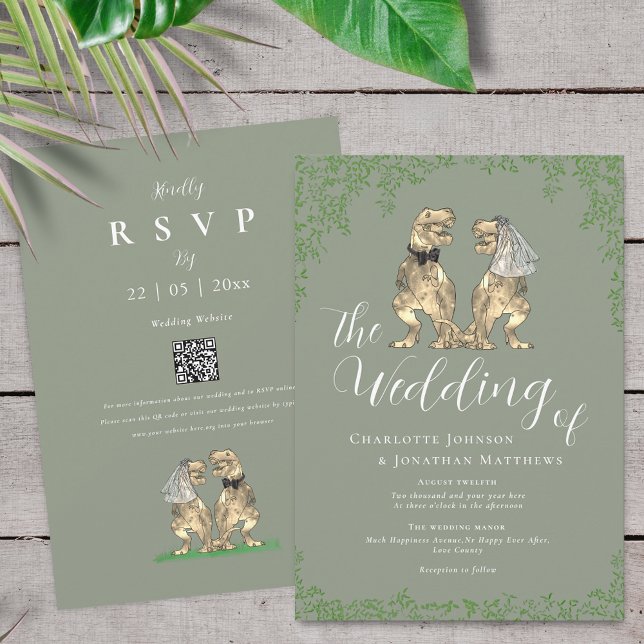 Dinosaur Theme Sage Green Wedding QR Code Invitation (Sage green T-Rex bride and groom dinosaur wedding invitation with rsvp qr code)
