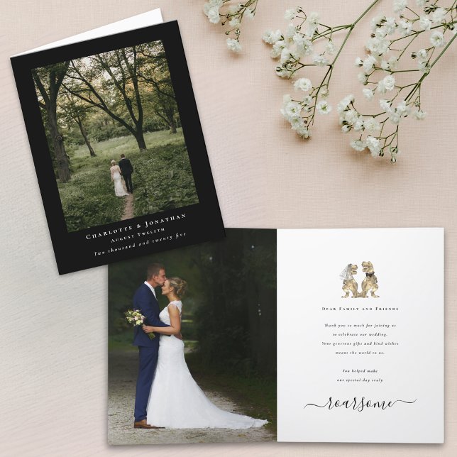 Dinosaur Theme Wedding 2 Photo Thank You (Dinosaur theme elegant black and white wedding 2 photo thank you card fun T-Rex dino bride and groom)