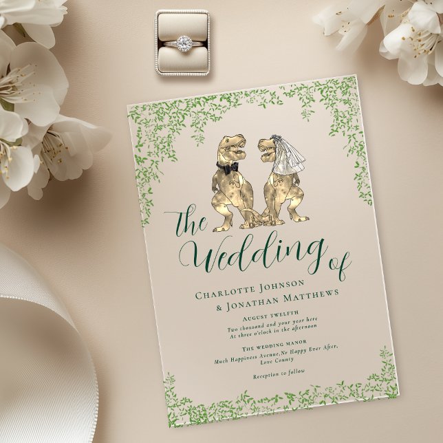 Dinosaur Theme Wedding  Acrylic Invitations (Dinosaur theme wedding dark green elegant modern script eucalyptus foliage acrylic invitation )