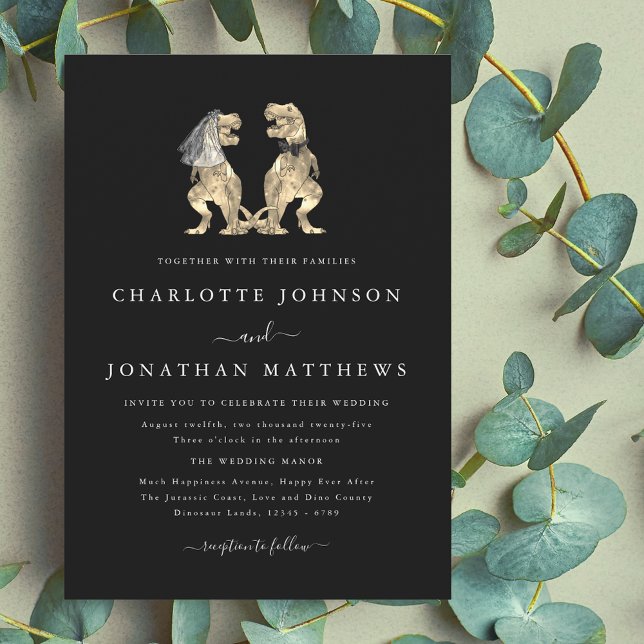 Dinosaur Theme Wedding Black and White Invitation (Dinosaur theme wedding black and white invitation elegant modern fun T-Rex dino Bride and groom)