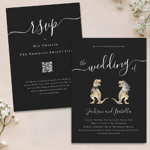 Dinosaur Theme Wedding Black and White QR Code Invitation