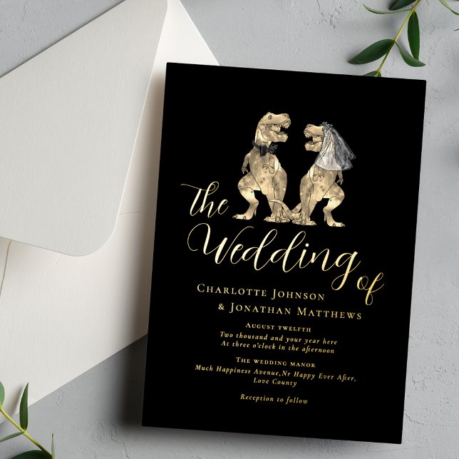 Dinosaur Theme Wedding Black Gold (Dinosaur theme black and gold foil wedding invitation Elegant modern calligraphy script T-Rex Dino)