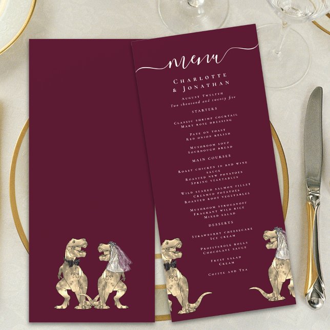Dinosaur Theme Wedding Burgundy & Cream Menu (Dinosaur destination wedding menu burgundy & cream modern elegant script T-Rex din bride & groom)