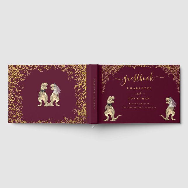 Dinosaur Theme Wedding Burgundy Red & Gold Guest Book (Full)