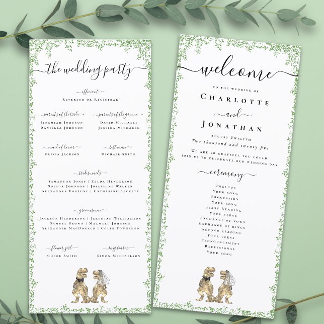 Dinosaur Theme Wedding Ceremony Program Menu (T-Rex bride and groom funny dinosaur wedding ceremony program card Watercolor foliage elegant script)