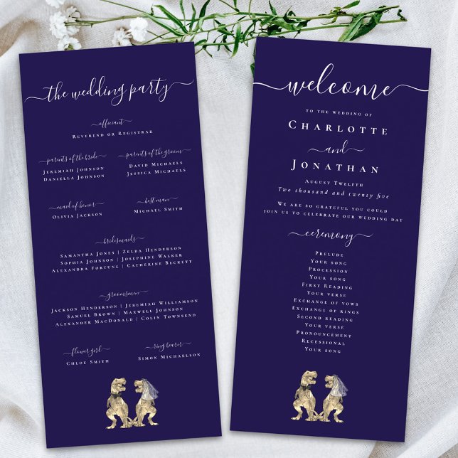 Dinosaur Theme Wedding Ceremony Program Navy Blue Menu (Dinosaur theme wedding ceremony program card navy blue & white Elegant modern script T-Rex dino )