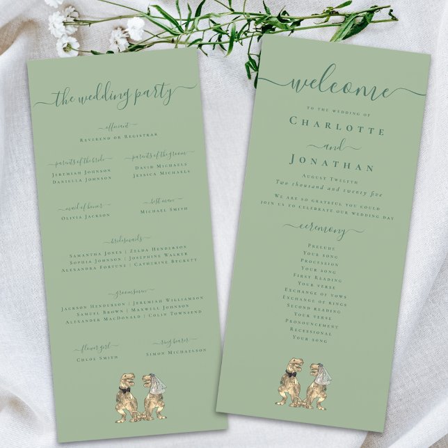 Dinosaur Theme Wedding Ceremony Program Sage Green Menu (Dinosaur theme wedding ceremony program sage green personalized Elegant modern script T-Rex dino)