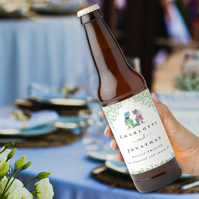 Dinosaur Theme Wedding Custom Beer Bottle Label (Dinosaur bride and groom custom wedding beer bottle label Funny T-Rex bride and groom watercolor )