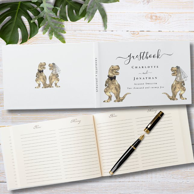 Dinosaur Theme Wedding Custom Guest Book (Dinosaur themed wedding T-Rex bride and groom custom guest book keepsake )