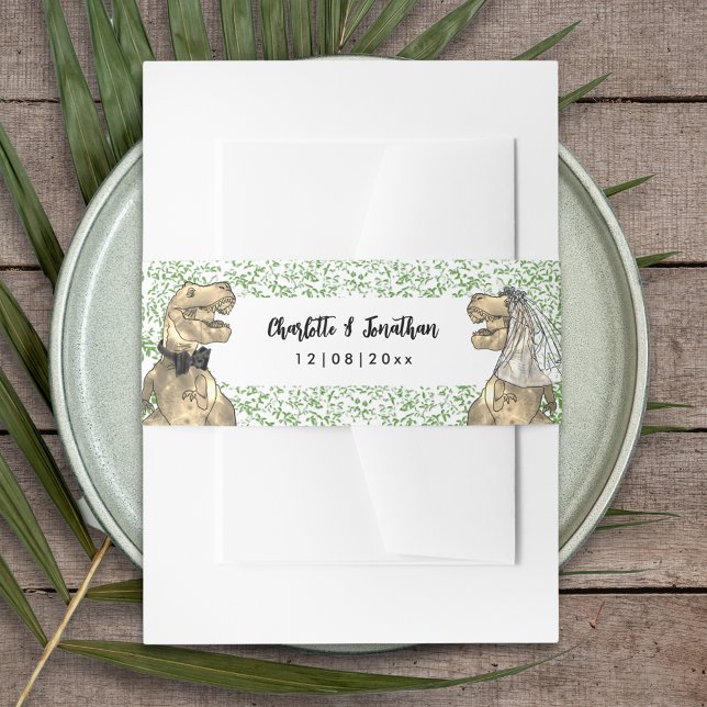Dinosaur Theme Wedding Custom  Invitation Belly Band (T-Rex bride and groom dinosaur wedding custom belly bands with Jurassic jungle foliage)