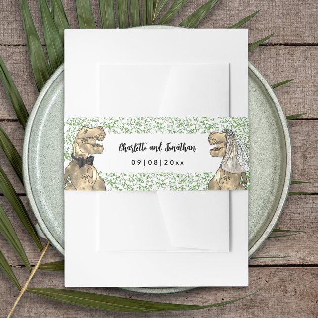 Dinosaur Theme Wedding Custom Invitation Belly Band (T-Rex bride and groom dinosaur wedding invitation belly band)