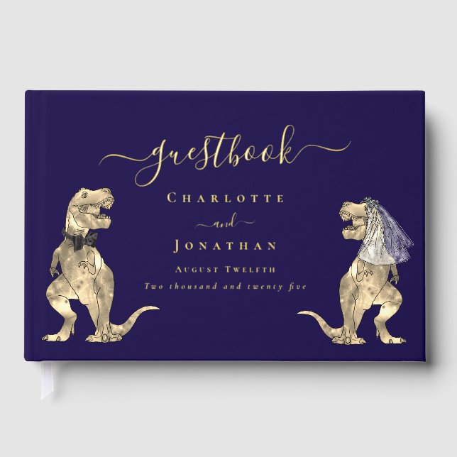 Dinosaur Theme Wedding Custom Navy Blue Gold Guest Book (Front)