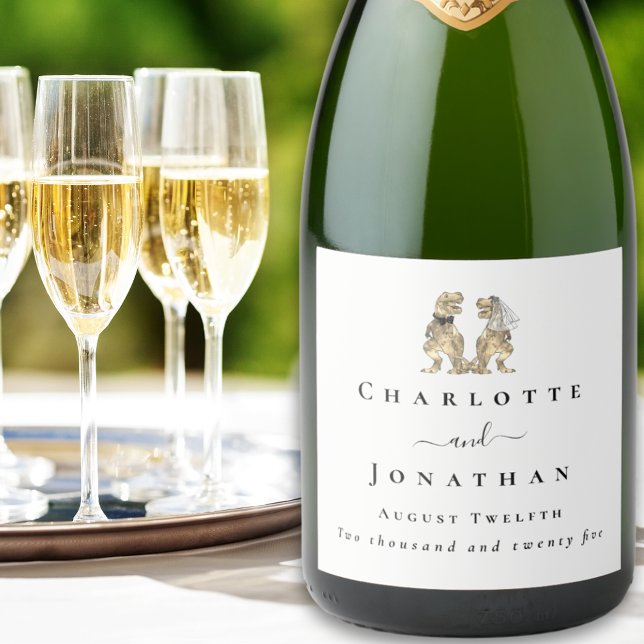 Dinosaur Theme Wedding Custom Sparkling Wine Label (Dinosaur themed wedding T-Rex bride and groom custom sparkling wine labels)