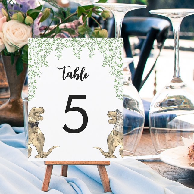 Dinosaur Theme Wedding Custom Table Number (Dinosaur themed wedding table numbers with T-Rex bride and groom and jungle foliage)