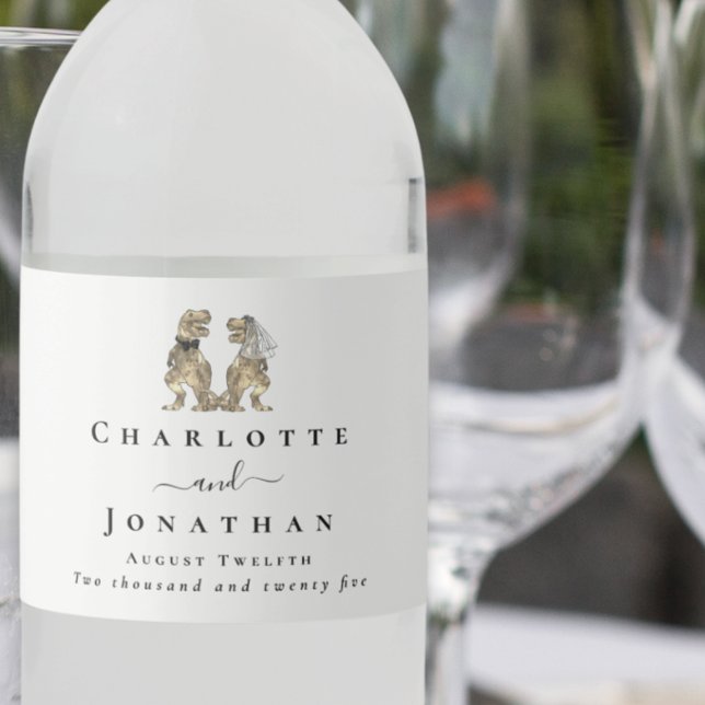 Dinosaur Theme Wedding Custom Water Bottle Label (Dinosaur theme wedding custom water bottle labels modern Elegant script T-Rex bride and groom)