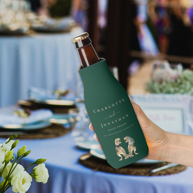 Dinosaur Theme Wedding Dark Green Bottle Cooler (Dinosaur theme wedding dark green personalized beer bottle cooler funny T-Rex dino bride & groom)