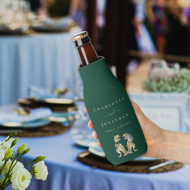Dinosaur Theme Wedding Dark Green Bottle Cooler (Dinosaur wedding dark green custom beer bottle cooler Funny T-Rex bride and groom modern script)