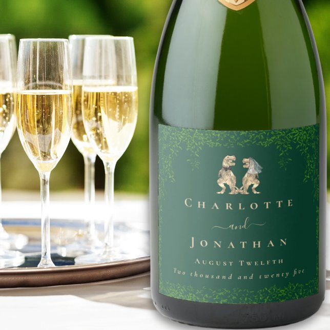 Dinosaur Theme Wedding Dark Green Sparkling Wine Label (Dinosaur themed wedding T-Rex bride & groom eucalyptus foliage custom sparkling wine bottle label)