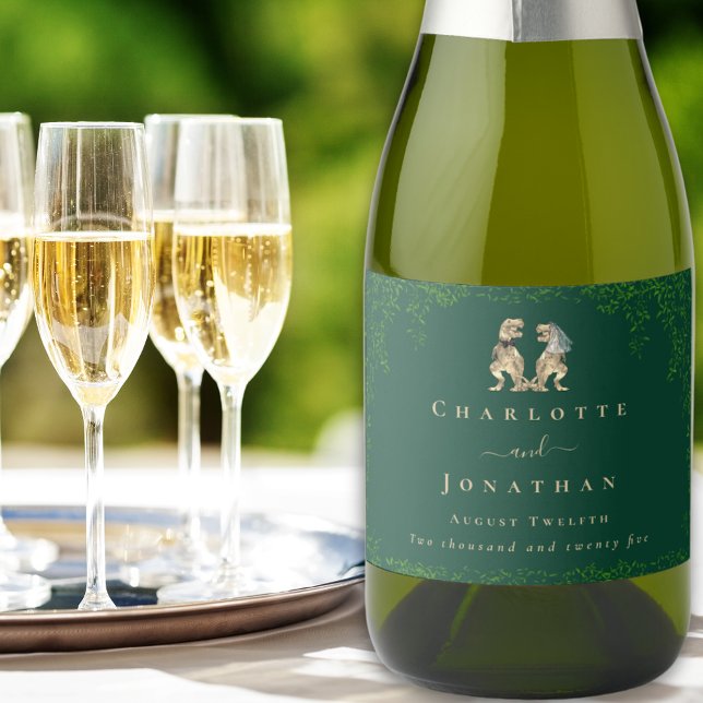 Dinosaur Theme Wedding Dark Green Sparkling Wine Label (Dinosaur themed wedding T-Rex bride and groom eucalyptus dark green custom sparkling wine labels)