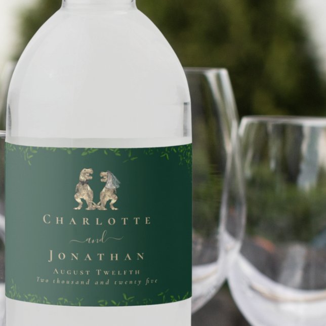 Dinosaur Theme Wedding Dark Green Water Bottle Label (dark green Dinosaur theme wedding personalized water bottle labels T-Rex dino bride and groom )