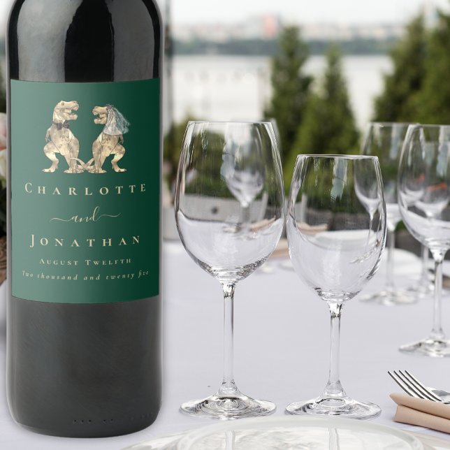 Dinosaur Theme Wedding Dark Green Wine Label (T-Rex bride and groom dinosaur wedding dark green custom wine labels)