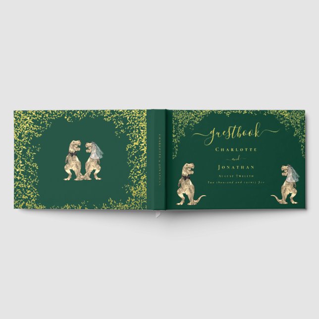 Dinosaur Theme Wedding Foliage Green Gold Guest Book (Full)