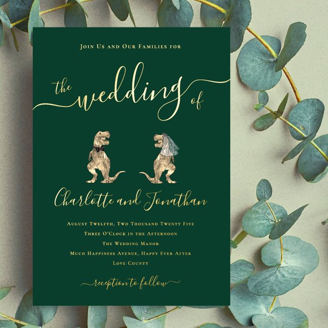 Dinosaur theme Wedding Green and Gold (Dinosaur theme wedding dark green and gold foil invitation Eleagnt modern script funny T-Rex dino )