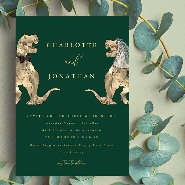 Dinosaur theme Wedding Green and Gold (Dinosaur theme wedding dark green and gold foil invitation Funny T-Rex dino bride and groom modern)