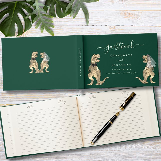 Dinosaur Theme Wedding Green and Gold Guest Book ( Dinosaur bride and groom wedding custom dark green and gold foil guest book with funny T-Rex dino)