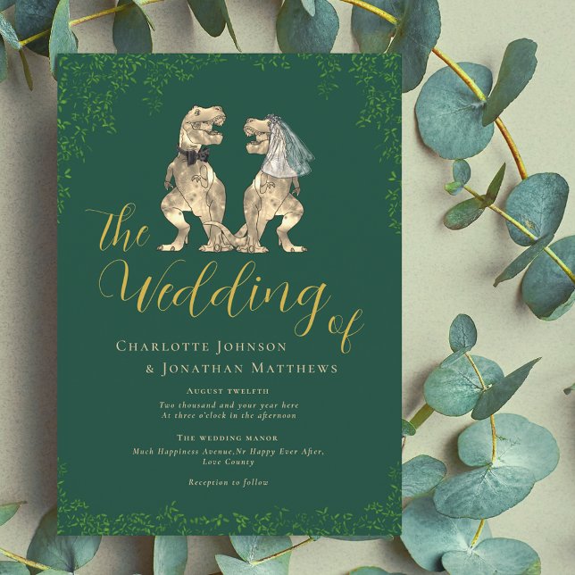 Dinosaur Theme Wedding Green and Gold Invitation (Dinosaur wedding green and gold invitation Modern elegant script T-Rex dino bride & groom eucalyptus)