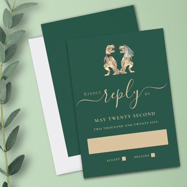 Dinosaur Theme Wedding Green Reply RSVP Card (Dinosaur theme wedding RSVP dark green card Funny T-Rex dino bride and groom modern elegant script)