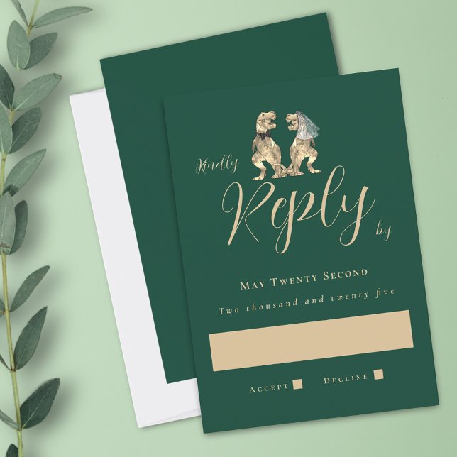 Dinosaur Theme Wedding Green RSVP Card (Dinosaur wedding dark green invitation RSVP T-Rex dino bride and groom elegant modern script )