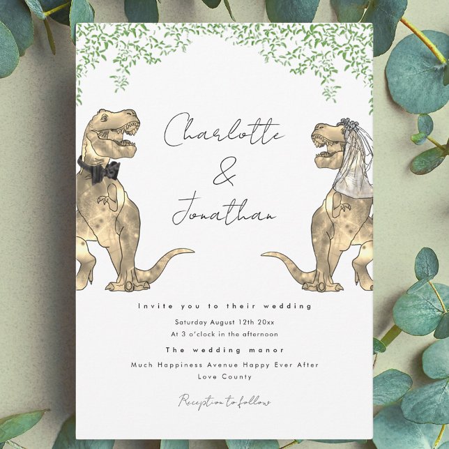 Dinosaur Theme Wedding Invitation (Jurassic theme dinosaur wedding invitation with watercolor greenery)