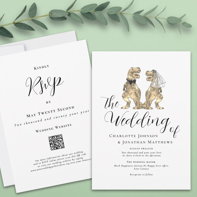 Dinosaur Theme Wedding Invitation (T-Rex bride and groom funny dinosaur wedding website qr code invitation Modern elegant script)