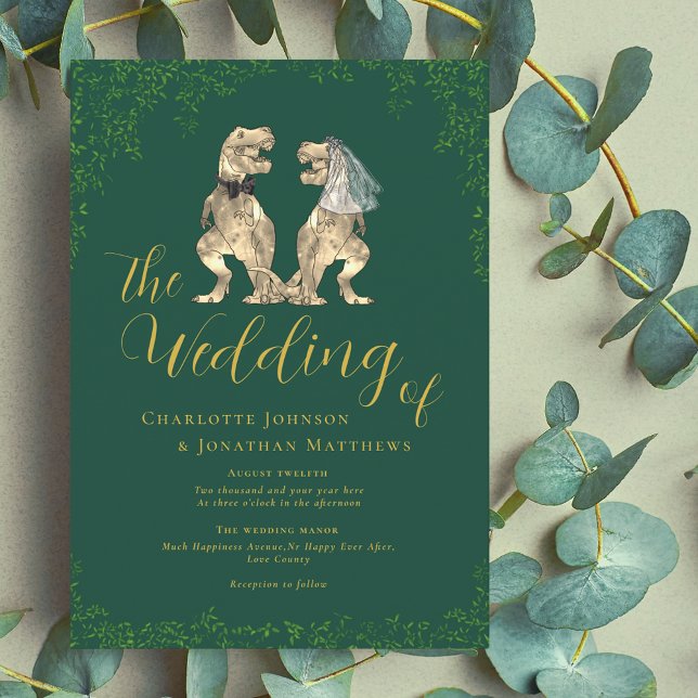Dinosaur Theme Wedding Invitation (Dinosaur wedding T-Rex bride and groom eucalyptus foliage green and gold script Wedding invitation )