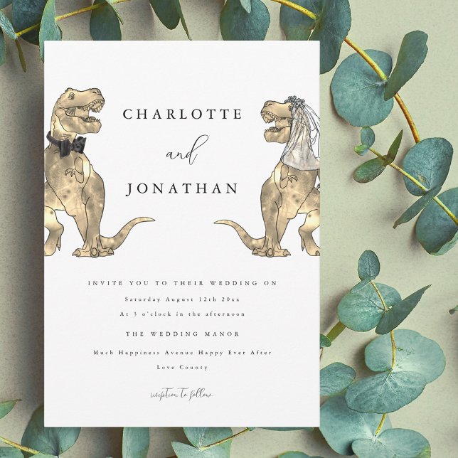 Dinosaur Theme Wedding Invitation (Dinosaur theme wedding invitation modern elegant typography funny T-Rex bride and groom dino )