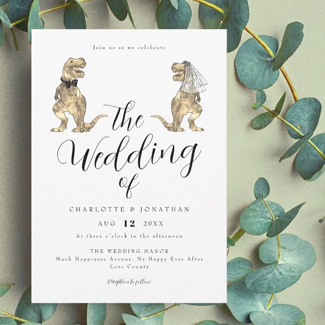 Dinosaur Theme Wedding  Invitation (Dinosaur theme wedding elegant modern script invitation funny T-Rex dino bride and groom)