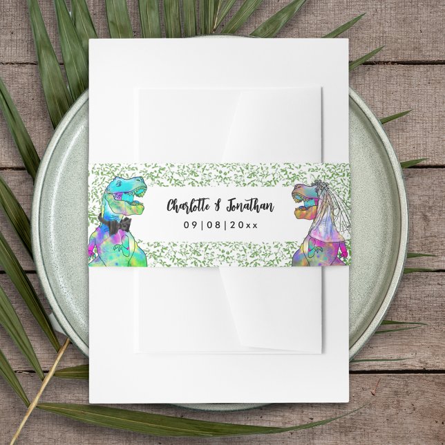 Dinosaur Theme Wedding  Invitation Belly Band (Colorful T-Rex bride and groom dinosaur wedding custom wedding belly bands)