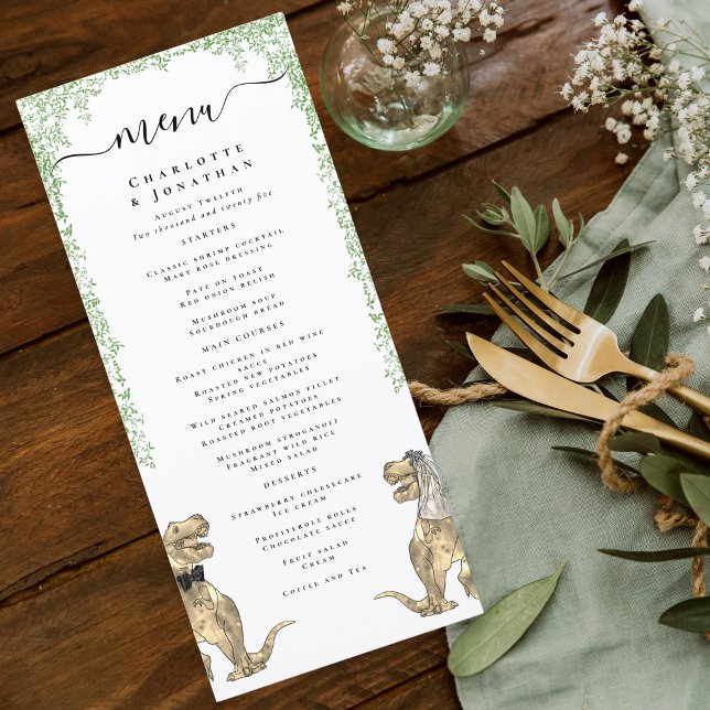 Dinosaur Theme Wedding Menu (dinosaur bride and groom wedding menu with Jurassic jungle foliage)