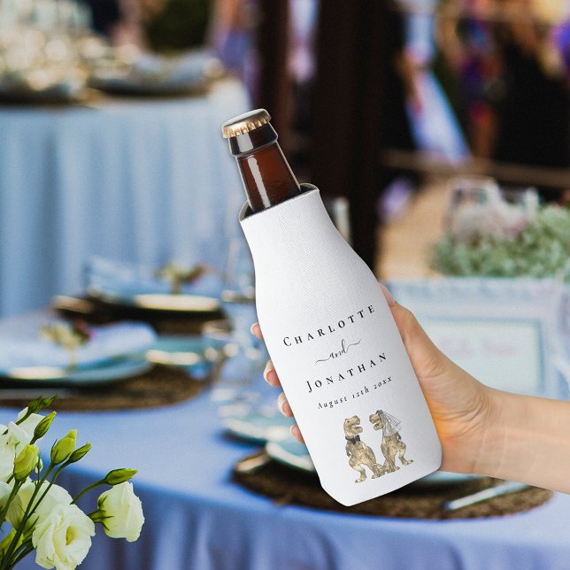 Dinosaur Theme Wedding Modern Bottle Cooler (Dinosaur wedding custom beer bottle cooler Funny T-Rex dino bride and groom modern elegant script )