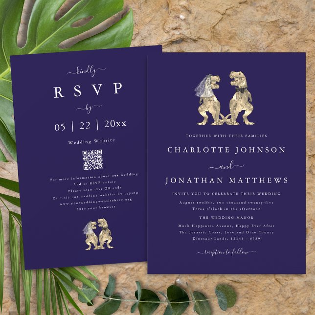 Dinosaur Theme Wedding Navy Blue QR Code Invitation (Dinosaur theme wedding qr code navy blue white invitation  T-Rex dino bride & groom modern elegant )