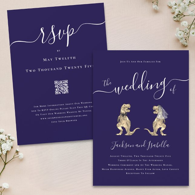 Dinosaur Theme Wedding Navy Blue White QR Code Invitation (Dinosaur theme wedding qr code navy blue and white invitation Elegant script T-Rex bride and groom)