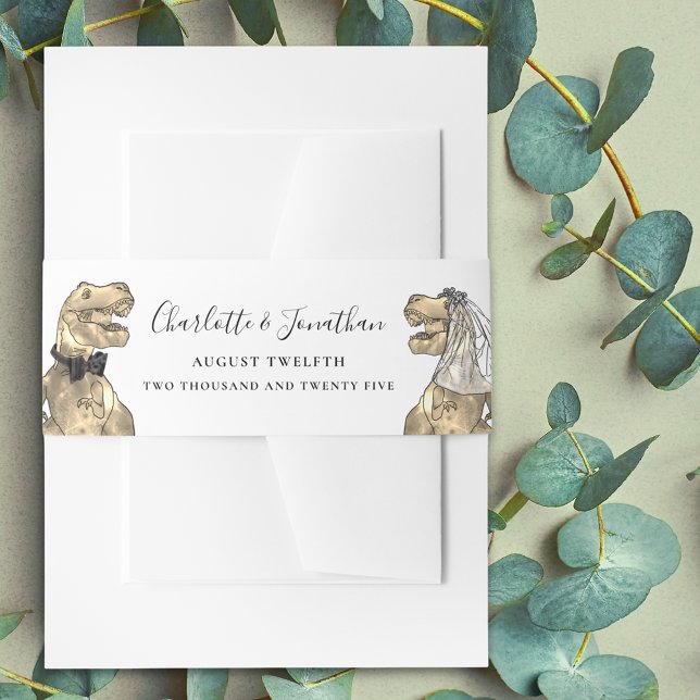 Dinosaur Theme Wedding Personalised Invitation Belly Band (Dinosaur wedding invitation personalized belly bands Modern elegant script T-Rex dino bride & groom)